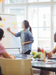 Business executives discussing with their colleagues on whiteboard during meeting at office